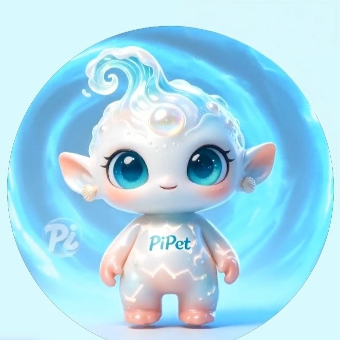 A cute 3D-rendered character named 'PiPet' with large blue eyes, pointed ears, and flowing white hair, standing in front of a glowing blue circular background with 'Pi' text visible.