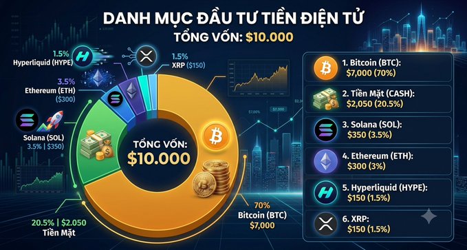 A Vietnamese-language crypto portfolio infographic titled "DANH MỤC ĐẦU TƯ TIỀN ĐIỆN TỬ" showing a $10,000 allocation pie chart and breakdown: Bitcoin (BTC) $7,000 (70%), Cash $2,050 (20.5%), Solana (SOL) $350 (3.5%), Ethereum (ETH) $300 (3%), Hyperliquid (HYPE) $150 (1.5%), and XRP $150 (1.5%).