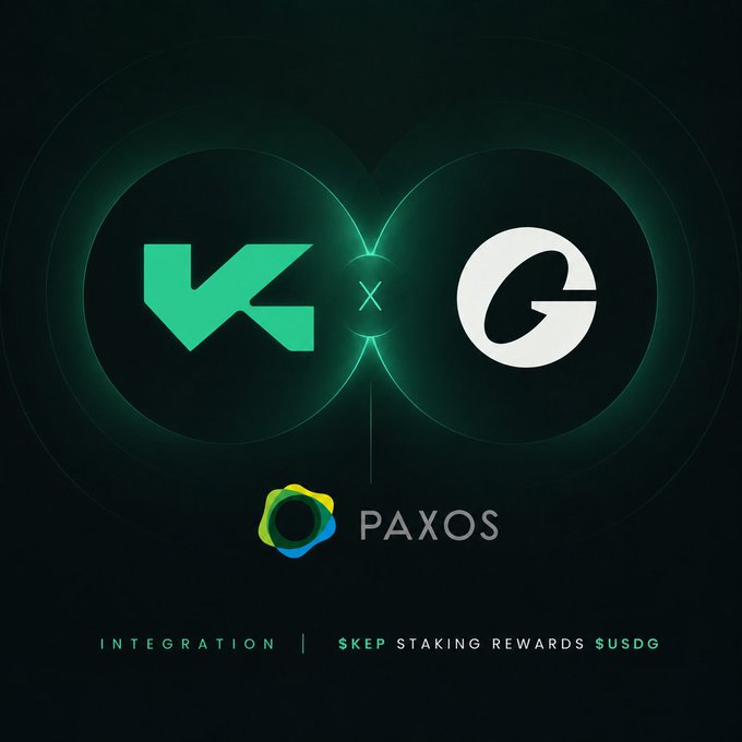 The image is a promotional graphic announcing an integration between Kep and Paxos, featuring their logos separated by an "X" symbol, with glowing green circular effects on a dark background. The text reads "INTEGRATION | $KEP STAKING REWARDS $USDG," highlighting the partnership that allows $KEP stakers to earn $USDG rewards mentioned in the post.