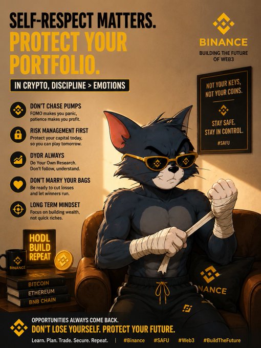 A Binance promotional graphic featuring a muscular anthropomorphic cat with sunglasses and boxing wraps, displaying the tagline 'SELF-RESPECT MATTERS. PROTECT YOUR PORTFOLIO' alongside crypto trading advice such as 'DON'T CHASE PUMPS' and 'RISK MANAGEMENT FIRST'.