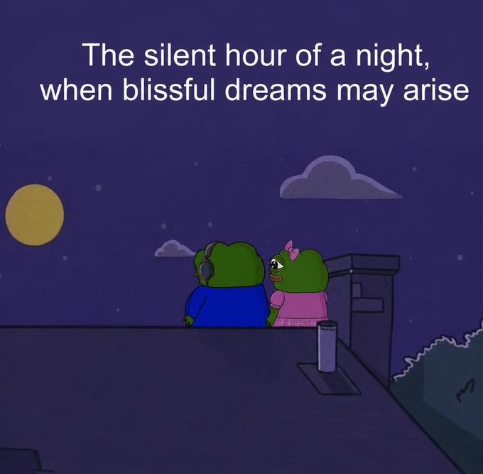 A cartoon illustration of two green frog-like characters, one wearing headphones and a blue shirt and the other wearing a pink bow and dress, sitting together on a rooftop under a night sky with a moon, accompanied by text 'The silent hour of a night, when blissful dreams may arise'.