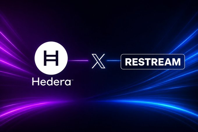 Hedera X Restream partnership graphic showing the Hedera logo connected to the Restream logo against a dark blue and purple light streak background.