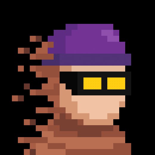 Pixel art of a character with brown hair blowing in the wind, wearing a purple beanie and yellow-tinted black sunglasses.