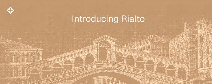 A sepia-toned promotional graphic featuring an illustration of the Rialto Bridge in Venice with the text "Introducing Rialto" in the center.