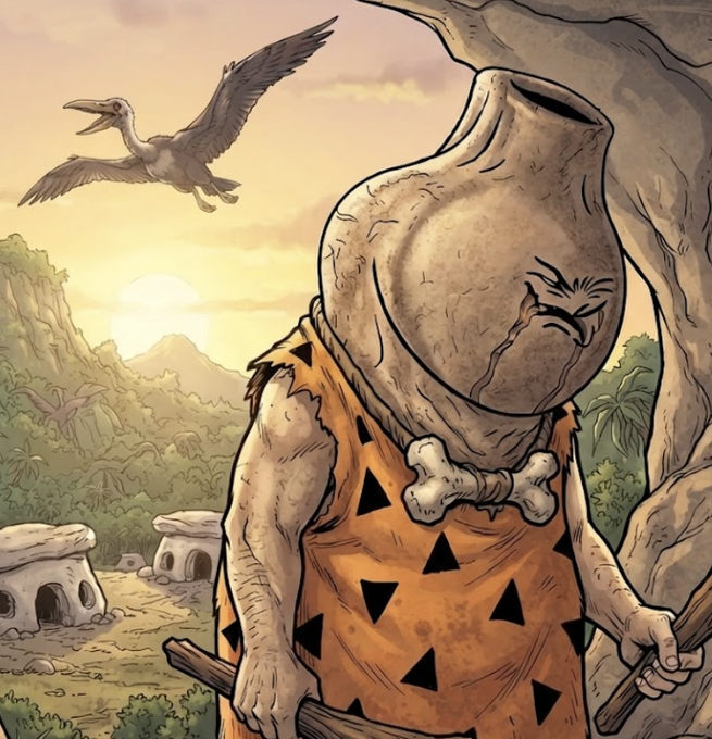 A prehistoric caveman with a jug-like head and bone necklace stands in a prehistoric landscape while a pterodactyl flies past, humorously matching the "Unga Bunga" tone of the NFT project's mint announcement.