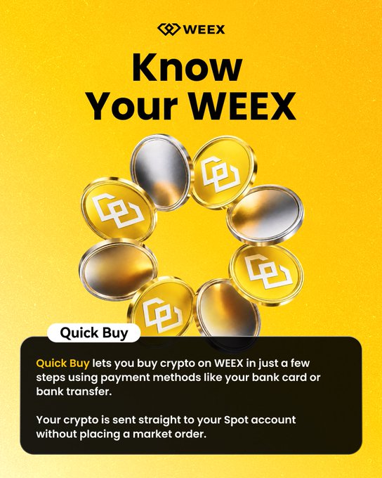 A promotional graphic for WEEX cryptocurrency exchange featuring gold coins with logos on a yellow background, with text reading 'Know Your WEEX' and describing the 'Quick Buy' feature.