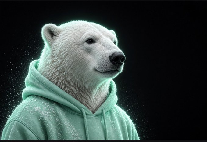 A digital portrait of a white polar bear wearing a mint green hoodie against a black background, with a subtle glowing outline.
