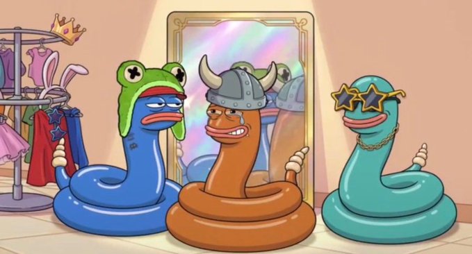 A cartoon illustration of three worms wearing accessories: one in a frog hat, one in a viking helmet, and one with star-shaped sunglasses, standing in front of a mirror in a dressing room.