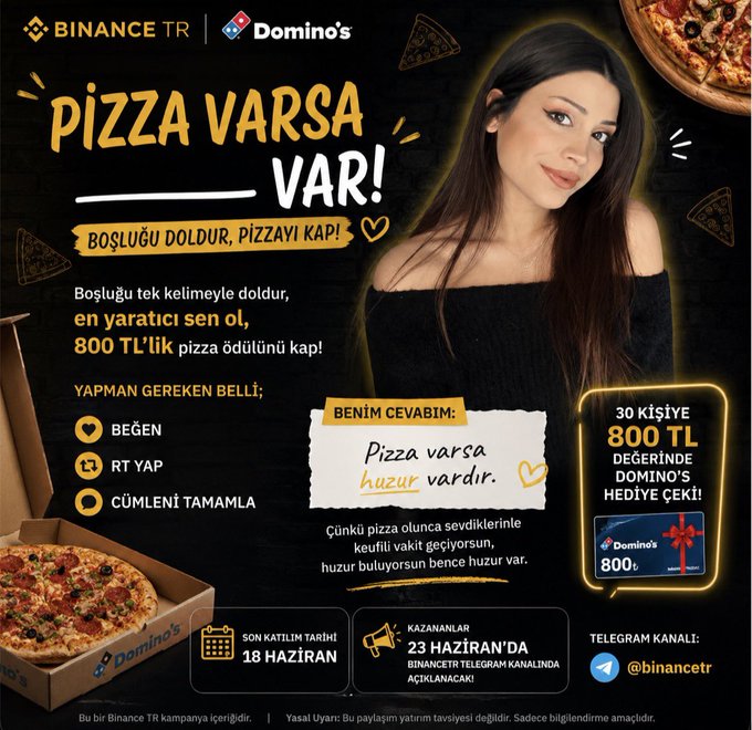 The image features a woman with long brown hair standing next to a pizza box that has Pizza Versa written on it. The text "Pizza Versa Var!" is displayed above her, indicating that she is promoting Pizza Versa as part of their offerings. The background of the image shows a black and white photo of a pizza, which adds to the overall theme of the advertisement.