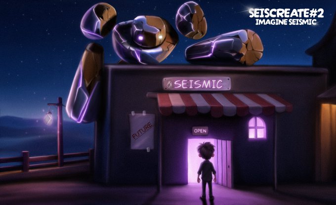 An animated night scene showing a large robot looming over a 'SEISMIC' shop with an 'OPEN' sign, while a child looks on, with 'SETSCREATE #2 IMAGINE SETSMIC' in the corner.