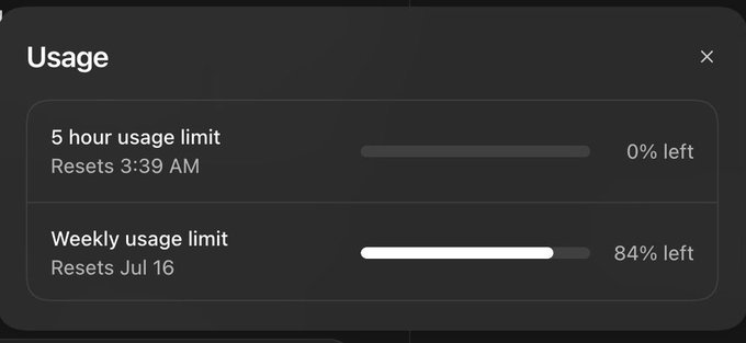 A usage dashboard showing "0% left" on the 5 hour usage limit (resets 3:39 AM) and "84% left" on the Weekly usage limit (resets Jul 16), illustrating the user's frustration with depleting their message allowance despite paying for the $200 pro plan.