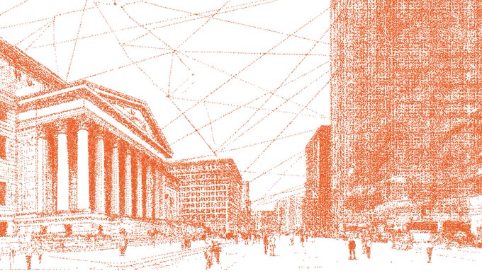 An orange and white stylized pointillist/dotted illustration of an urban street scene featuring classical columned architecture on the left and a tall modern skyscraper on the right, with connecting lines overhead.