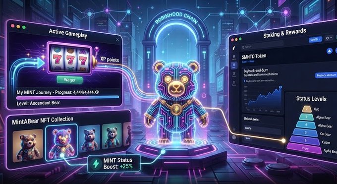 A futuristic interface for 'ROBINHOOD CHAIN' featuring a robotic bear NFT, with panels for Active Gameplay, Mint&Bear NFT Collection, and SMNTO Token Staking & Rewards showing buyback-and-burn mechanics.