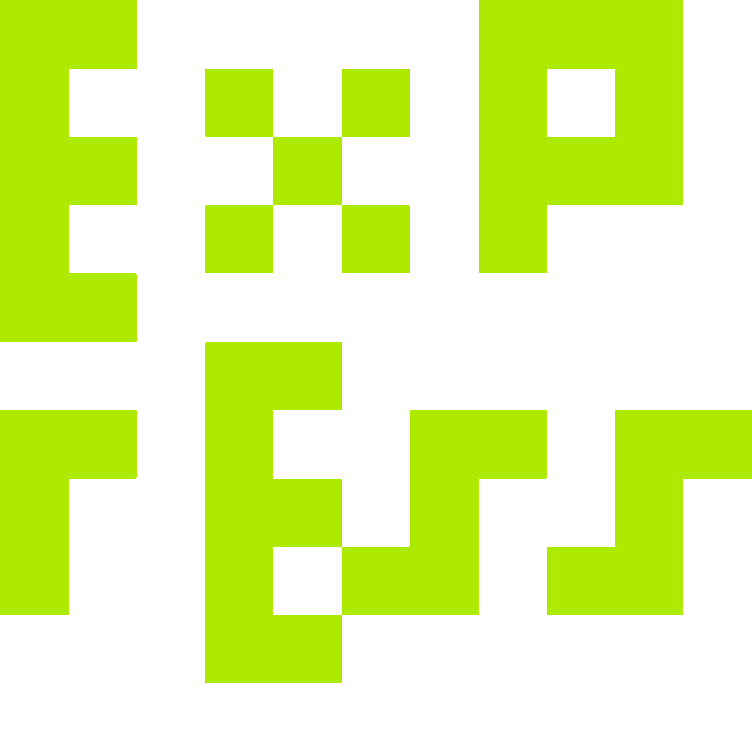 A pixelated design in bright lime green and white that reads 'EX P', with a smiley face integrated into the 'X'.