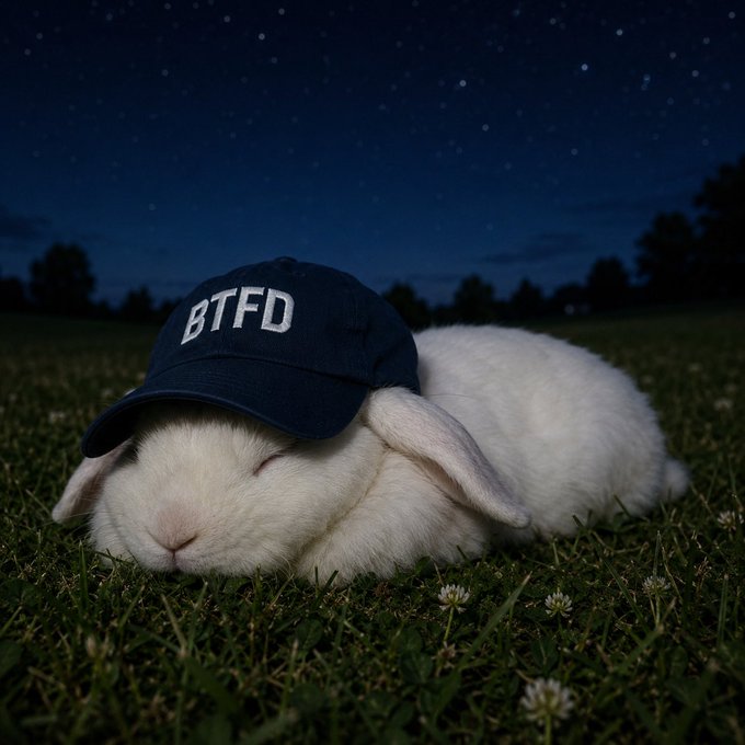 The image features a white rabbit wearing a blue baseball cap with the word "BTFD" written on it. The rabbit appears to be sleeping or resting comfortably in a grassy field at night, surrounded by stars. The caption of the image includes information about the post and the rabbit's owner, suggesting that this is an advertisement for the rabbit.