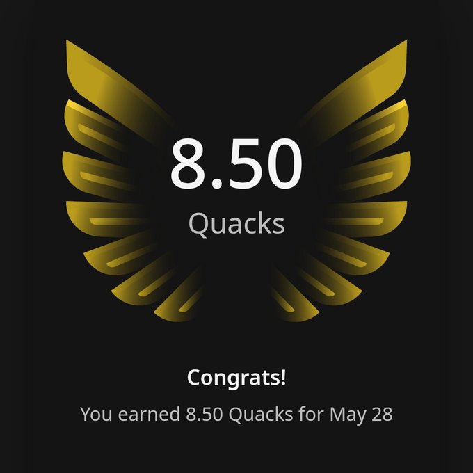The image features a gold-colored logo with the text "Congratulations! You earned 8.5 Quacks for May 28" written below it, indicating that someone has achieved a certain number of Quacks or points within a specific time frame. The focus on Quacks and numbers suggests that @wallchain is rewarding individuals who have made an impact in the space by providing them with points or Quacks as a form of recognition. This approach encourages users to engage actively and contribute positively, rather than just focusing on accumulating points for no particular reason.