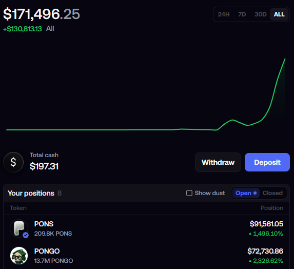 A portfolio screenshot showing an all-time gain of +$130,813.13, bringing total value to $171,496.25, with two open positions: $PONS (209.8K PONS, up 1,496.10% to $91,561.05) and $PONGO (13.7M PONGO, up 2,328.62% to $72,730.86), visually supporting the claim that these memecoins could "retire my bloodline."