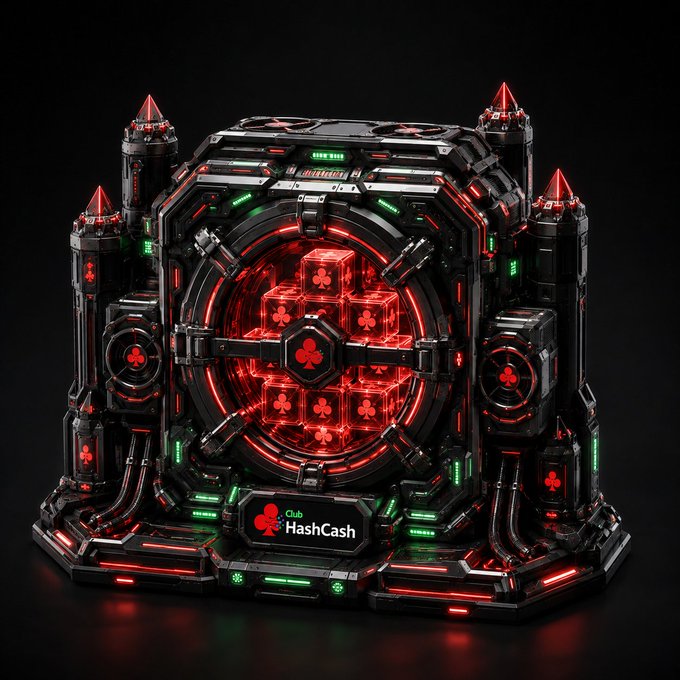 A 3D rendering of a sci-fi hexagonal container or vault with red glowing energy inside, surrounded by towers and labeled "Club HashCash".