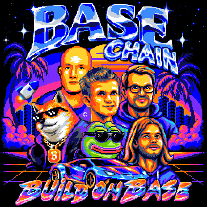 A vibrant pixel art graphic featuring the text 'BASE CHAIN' at the top and 'BUILD ON BASE' at the bottom, depicting portraits of four men, a Shiba Inu dog, a Pepe frog character, and a blue sports car against a retro sunset background.