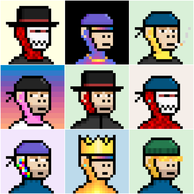 A 3x3 grid of pixel-art NFT-style character portraits featuring variations with different colored hats, skin tones, and accessories like sunglasses and crowns.