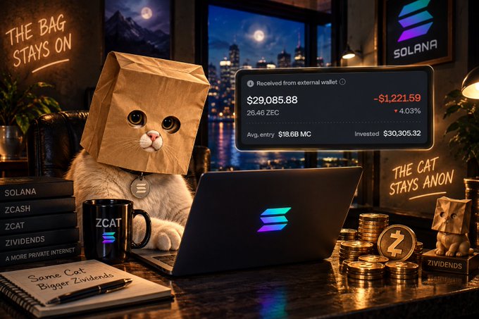 A cat wearing a paper bag sits at a desk in front of a laptop displaying the Solana logo, with a Zividends dashboard showing 26.46 ZEC ($29,085.88) received from external wallet at a 4.03% loss, surrounded by books titled "Solana," "Zcash," "Zcat," and "Zividends," a "ZCASH" coffee mug, and stacked coins with the Zcash symbol. The image illustrates the post's claim about $ZCAT yielding $29,000+ worth of $ZEC airdrop dividends over 10 days, visually reinforcing the "the bag stays on, the zividends keep flowing" message with its bag-wearing cat motif.
