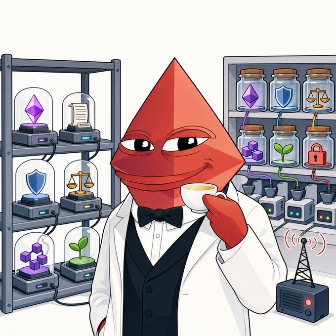 An Anthropic diamond mascot in a lab coat and bow tie sips tea amid shelves of blockchain-themed artifacts (Ethereum diamonds, scrolls, scales of justice, sprouts, locks) and signal antennas. The scene mirrors the "shipping report" by depicting a butler-like steward monitoring a curated library of cryptographic skills, ready to serve up evaluations, exploit patches, and daily updates on demand.