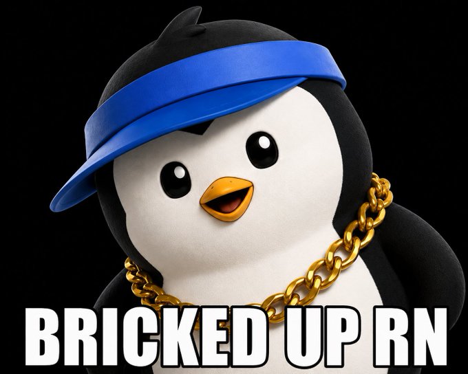 A cartoon penguin wearing a blue visor and a thick gold chain is shown, with bold white text reading "BRICKED UP RN" at the bottom. The image humorously reflects the post about crypto price action, referencing a recent dip where the penguin mascot of a major crypto exchange "got bricked," or experienced a sudden sharp price decline.