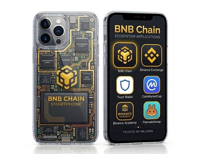 A product image showing a smartphone with a transparent 'BNB CHAIN' themed case alongside the phone displaying various cryptocurrency ecosystem apps including BNB Chain, Binance Exchange, Trust Wallet, CoinMarketCap, Binance Academy, and PancakeSwap.