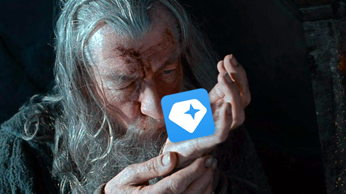 A weathered, bearded wizard reminiscent of Gandalf holds up a blue wallet app icon with a four-pointed star symbol, his expression stern and knowing. The image cleverly merges Tolkien's timeless wisdom about precise timing with a modern twist suggesting that a digital wallet arrives with equal, mysterious punctuality.