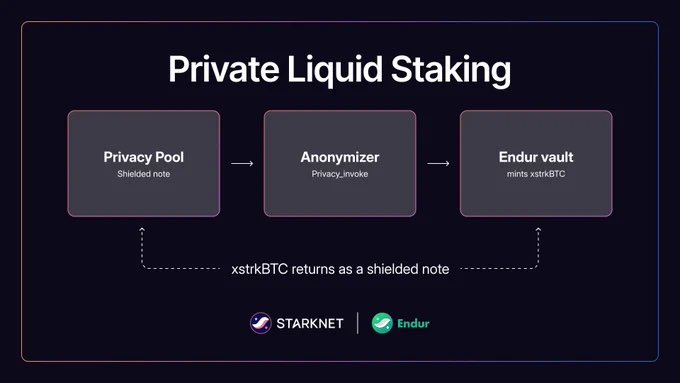 A diagram illustrating 'Private Liquid Staking' with three steps: Privacy Pool (Shielded note), Anonymizer (Privacy_invoke), and Endur vault (mints xstrBTC), noting that xstrkBTC returns as a shielded note, branded with Starknet and Endur.