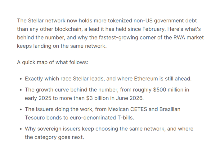 **Caption:** A text snippet from an article about the Stellar network holding the most tokenized non-US government debt among blockchains, with mentions of $500M in early 2025 growing to $3B+ by June 2026, and issuers like Mexican CETES, Brazilian Tesouro bonds, and euro-denominated T-bills.

**Relation to post:** The image illustrates the broader point about the massive scale of onchain debt/credit migration (90%+ of people living in debt or on credit), with Stellar positioning itself as the leading blockchain infrastructure for tokenizing sovereign debt instruments from multiple countries.