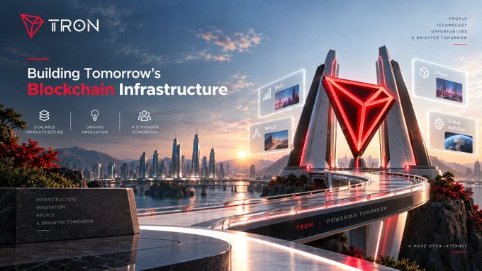 A promotional banner for 'TRON' reading 'Building Tomorrow's Blockchain Infrastructure' and 'A MORE OPEN INTERNET', featuring the red TRON logo and futuristic cityscape.