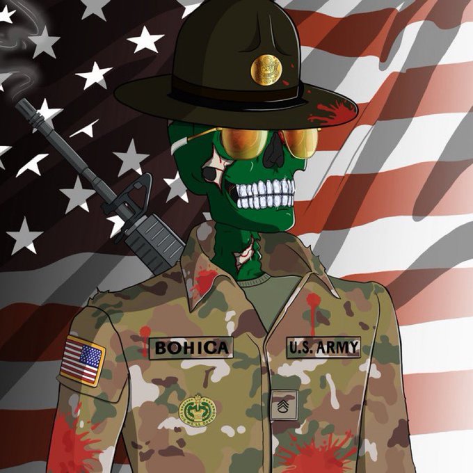 An illustration of a green-skinned zombie skull character wearing a U.S. Army drill sergeant hat and camouflage uniform, with 'BOHICA' and 'U.S. ARMY' name tapes, holding a rifle and a cigar against an American flag backdrop.