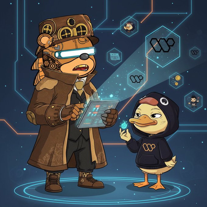 An illustration of a steampunk bear character with glowing goggles holding a tablet, alongside a duck-like character in a black hoodie, set against a digital background with hexagonal icons.