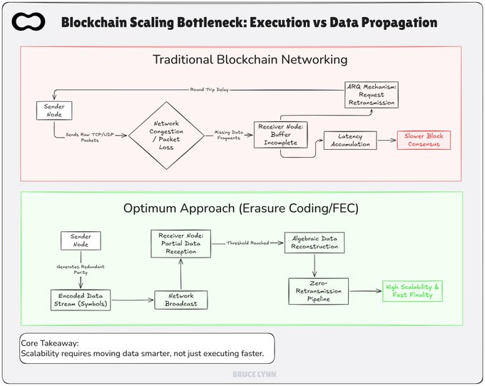 A diagram titled "Blockchain Scaling Bottleneck: Execution vs Data Propagation" comparing traditional blockchain networking with an optimum approach using erasure coding/FEC.