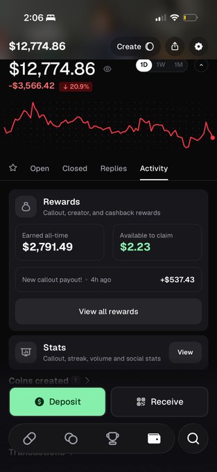 A cryptocurrency app screen displays a balance of '$12,774.86', a red downward chart showing '- $3,566.42' and '20.9%', along with Rewards and Stats sections.