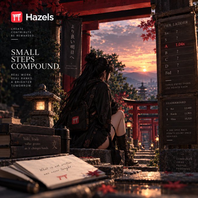 A promotional graphic for 'Hazels' featuring an anime-style woman in dark clothing sitting on stone steps at a Japanese shrine at sunset, with text reading 'SMALL STEPS COMPOUND. REAL WORK. REAL RANKS. A BRIGHTER TOMORROW.' alongside a tier ladder and leaderboard.