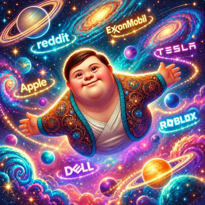 A vibrant, psychedelic digital illustration of a smiling boy with outstretched arms floating through a colorful cosmos surrounded by planets and brand names including Apple, reddit, ExxonMobil, TESLA, ROBLOX, and DELL.
