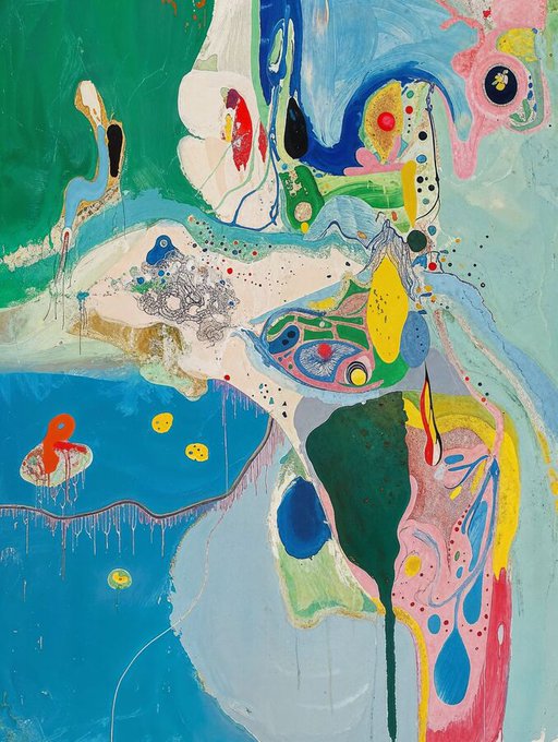 An abstract painting featuring vibrant colors including blue, green, yellow, and pink, with organic shapes and paint drips covering the canvas.