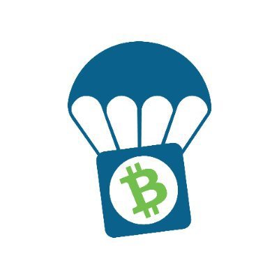 A blue and white logo depicting a parachute attached to a box, with a green Bitcoin (₿) symbol displayed in the center.
