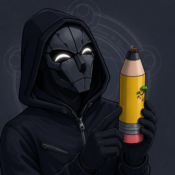 A hooded figure in a dark armored mask with glowing white eyes holds a yellow pencil decorated with a bonsai tree, pointing upward, set against a dark background with faint circular designs.
