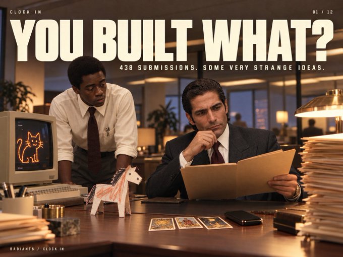 A retro-styled office scene shows two men reviewing a folder beside a vintage computer displaying an orange cat, with a badly drawn paper horse and scattered cards on the desk. Large text reads “YOU BUILT WHAT?” with “43B SUBMISSIONS. SOME VERY STRANGE IDEAS.” and “01 / 12,” matching the post’s theme of unusual app, game, and payments-app ideas.