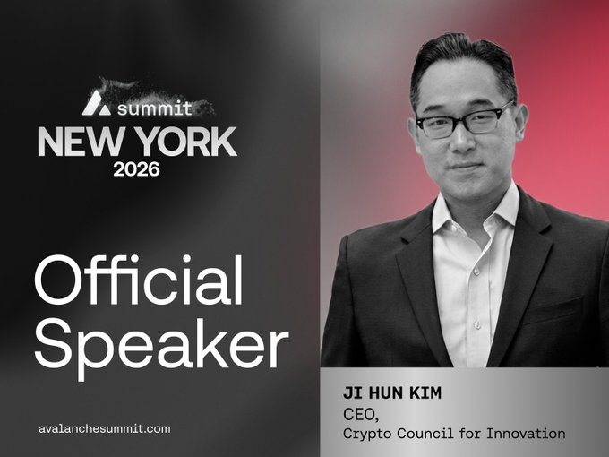 An 'Official Speaker' announcement for Avalanche Summit New York 2026 featuring Ji Hun Kim, CEO of Crypto Council for Innovation.