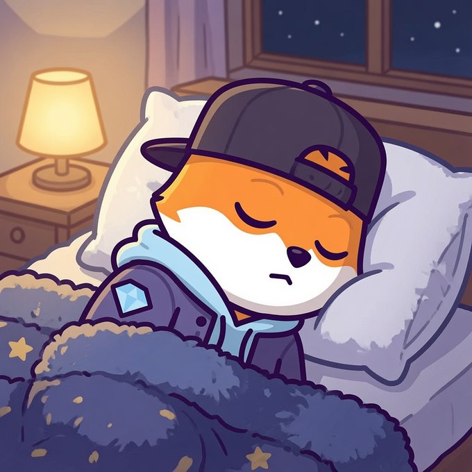A cute cartoon illustration of an orange fox wearing a backwards cap sleeping peacefully under a starry blanket in a cozy bedroom.