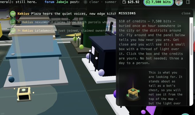 A 3D virtual world interface showing game bots with chat messages mentioning "Kekius Plaza" and missions offering $10 of credits/7,500 bits for finding hidden boxes in the city.