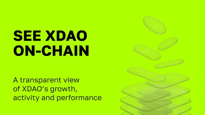 Bright green promotional graphic reading "SEE XDAO ON-CHAIN — A transparent view of XDAO's growth, activity and performance," featuring stacked translucent 3D shapes on the right, designed to introduce the newly launched XDAO Onchain Dashboard.