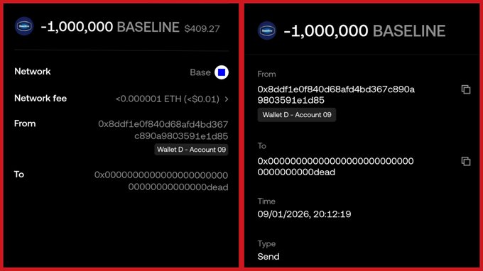 A screenshot of a crypto wallet showing a transaction of "-1,000,000 BASELINE" (worth $409.27) sent from "Wallet D - Account 09" to a dead address (0x000...dead) on 09/01/2026, illustrating the user's claim that they personally burned 0.1% of the $BASELINE token supply by sending it to an unrecoverable address.