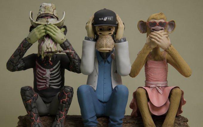 Three 3D-rendered figures representing the 'See No Evil, Hear No Evil, Speak No Evil' concept: a monster covering its eyes, a cow in a blue suit covering its ears (with 'BAGYC' on its cap), and a monkey in a pink dress covering its mouth.