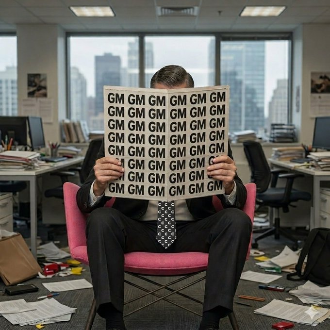 A suited executive sits in a pink chair in a cluttered office, holding up a sheet of paper covered entirely in "GM" text that obscures his face. The repeating "GM" ticker mirrors the post's caption, visually echoing the repetitive monotony of watching a single stock symbol.