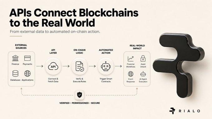 An infographic titled 'APIs Connect Blockchains to the Real World' by Rialo, showing a workflow from External Sources (Finance, Payments, Databases, Applications) through an API Layer and On-Chain Logic to Real-World Impact, with a large 3D Rialo logo.
